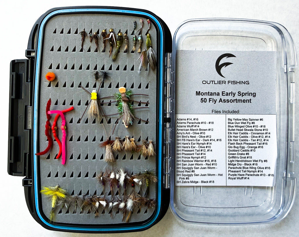 Montana Late Spring/Summer 50 Fly Assortment - open fly box showing all flies