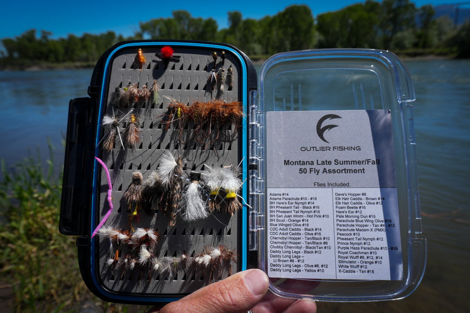 Montana Late Summer/Fall 50 Fly Assortment - fly box held streamside