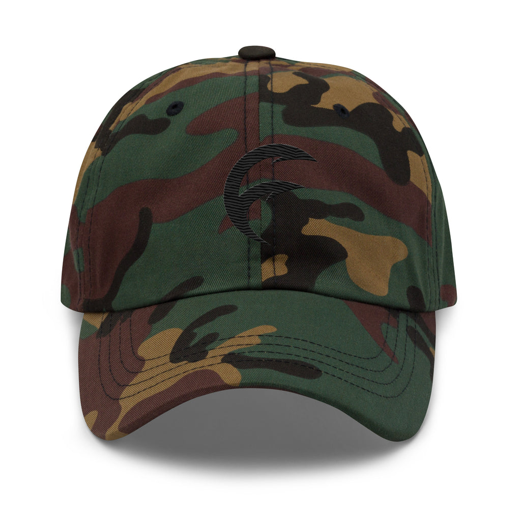 Outlier Fishing Dad Hat in green camo design, perfect for fishing lifestyle gear and outdoor adventures.