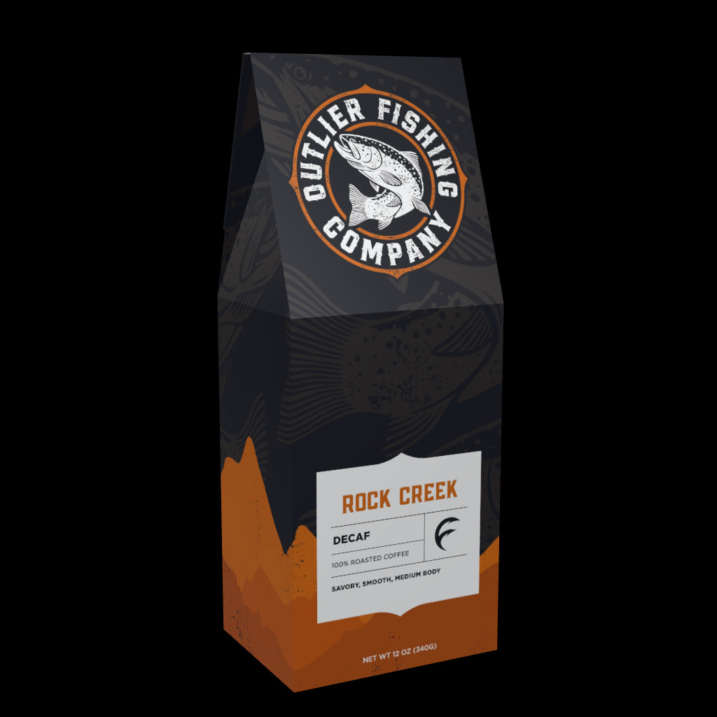 Rock Creek decaf coffee for anglers in stylish packaging, part of outdoor fishing lifestyle and fishing gifts from top fishing gear shop.