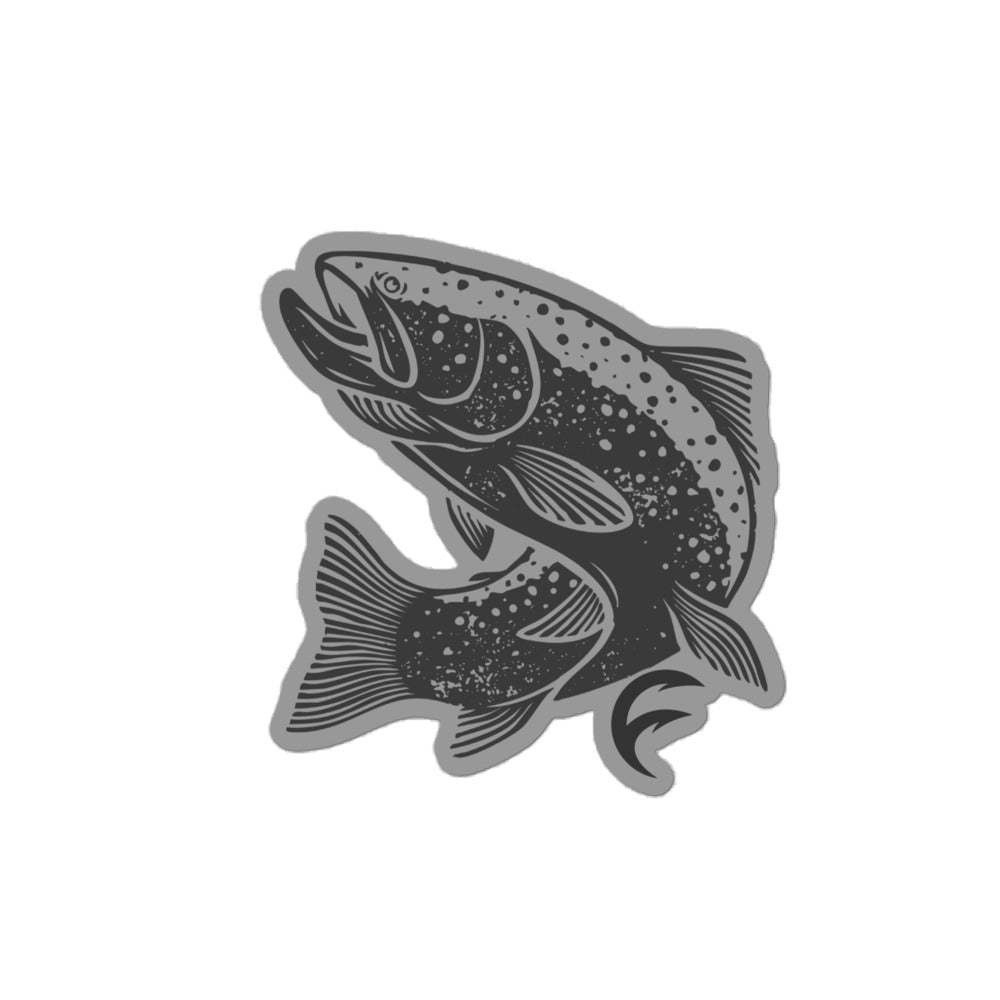 Outlier Fishing Trout Sticker Grey/Black design with dynamic trout illustration, perfect for outdoor fishing apparel.