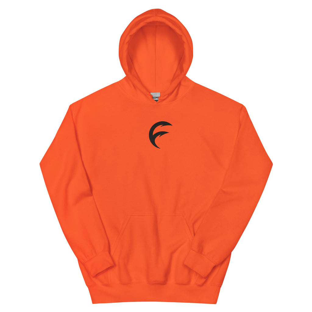Unisex Hoodie in vibrant orange color, perfect for outdoor fishing apparel and cozy wear.